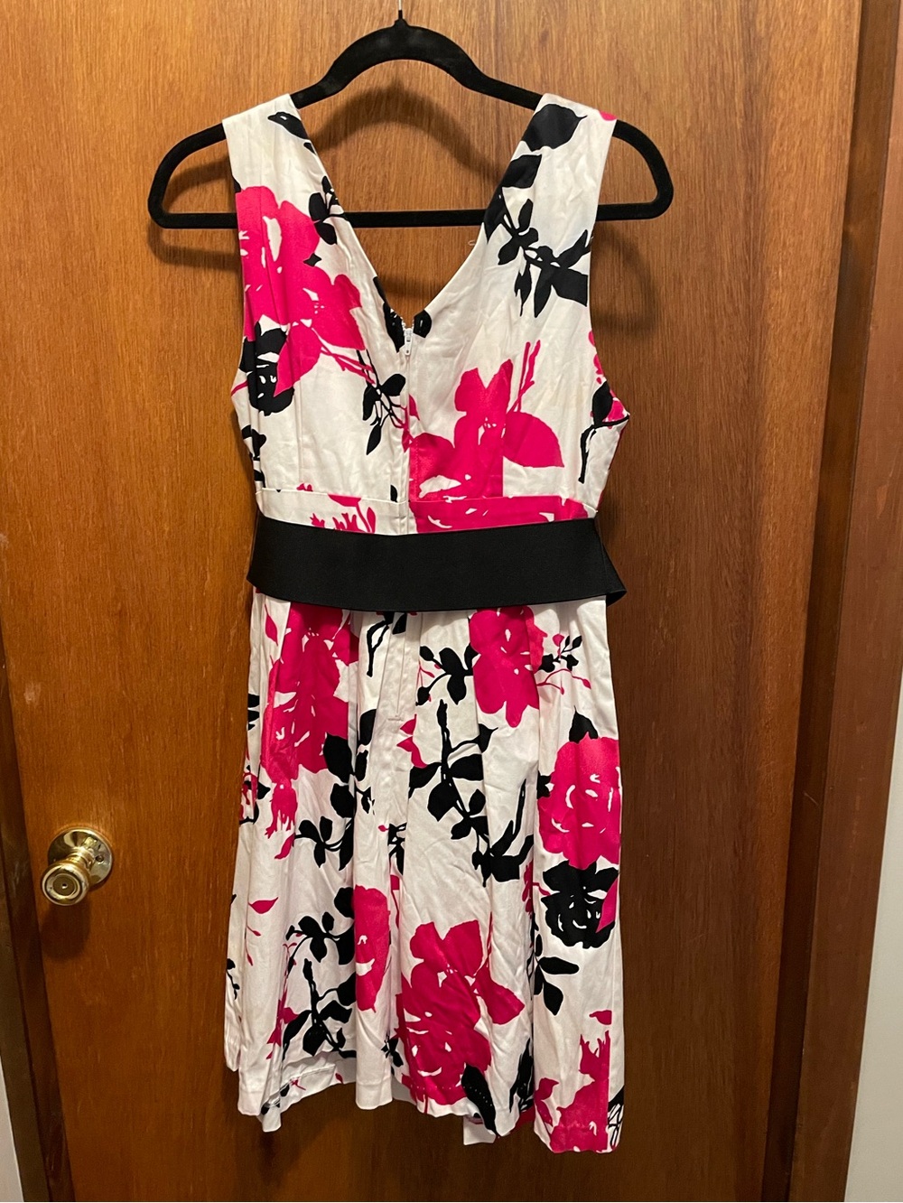 Sleeveless White Midi Dress with Pink and Black Floral Print and Waistband